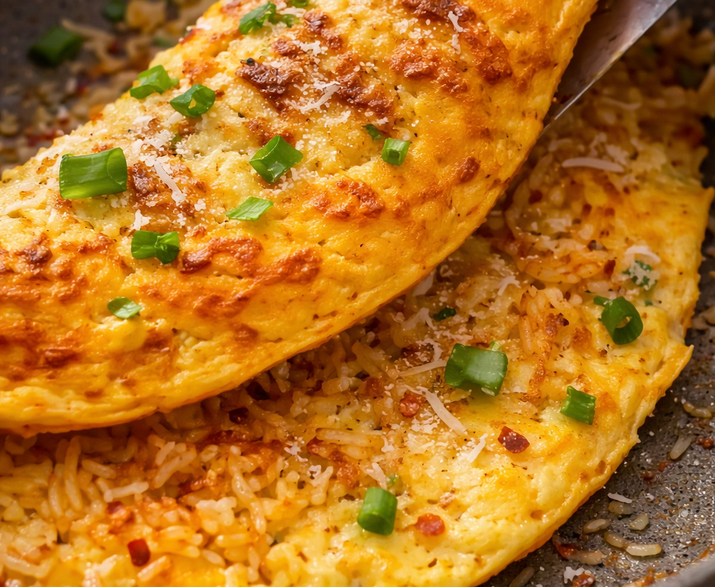Cremiges Omelett auf knusprigem Reisboden (Resteverwertung in 10 Minuten)