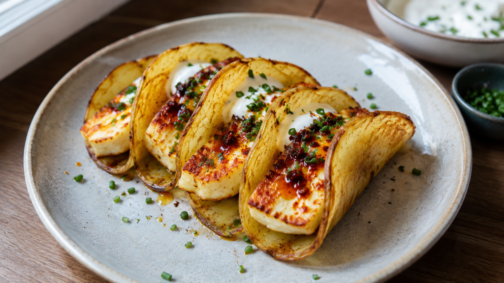 Knusprige Kartoffel-Tacos mit Hot Honey Halloumi