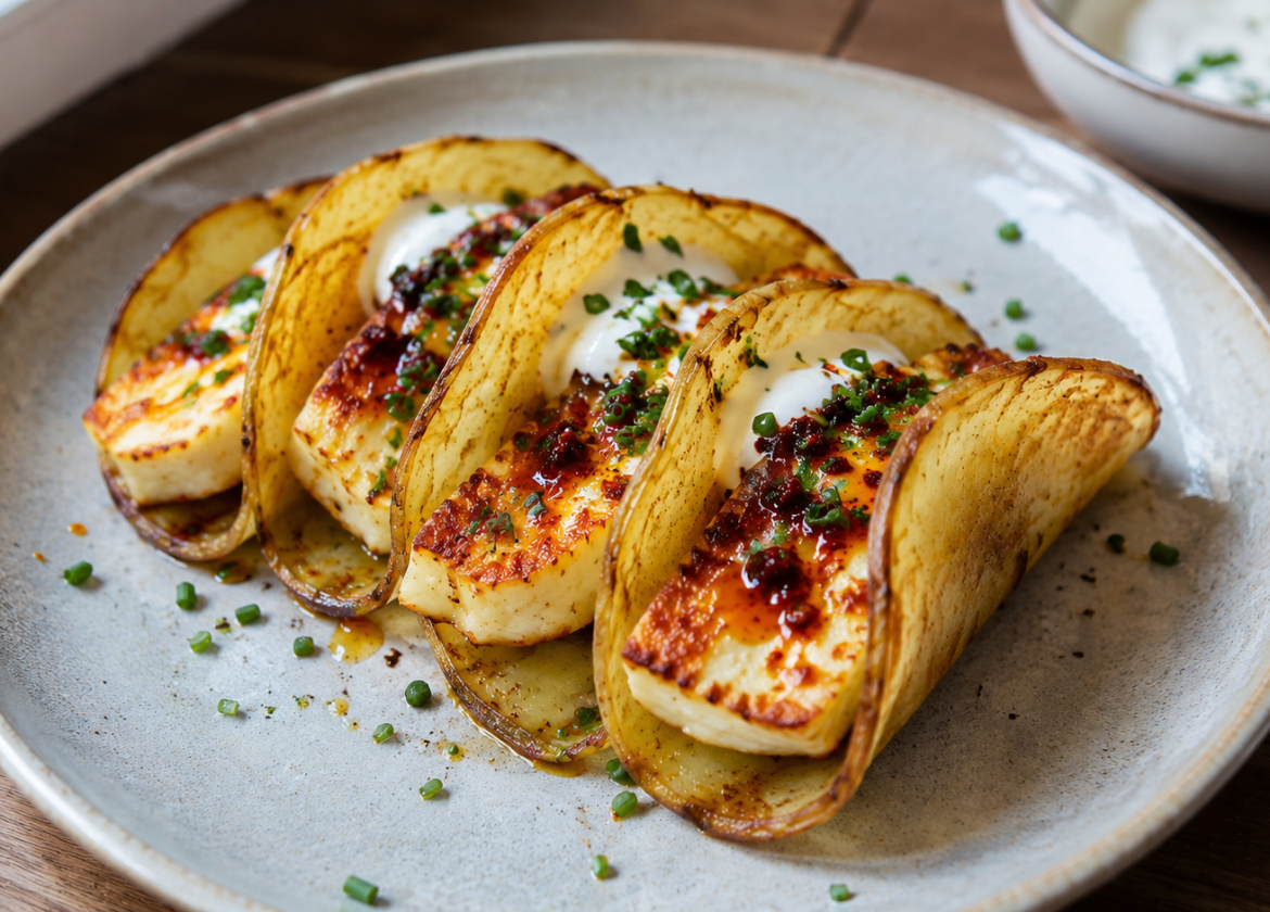 Knusprige Kartoffel-Tacos mit Hot Honey Halloumi