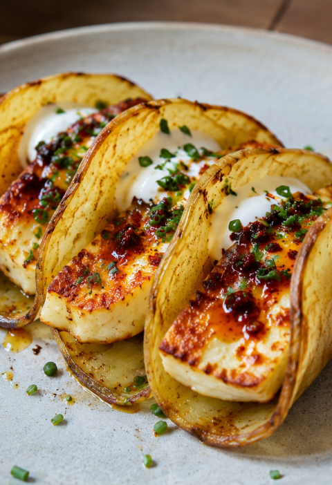 Knusprige Kartoffel-Tacos mit Hot Honey Halloumi
