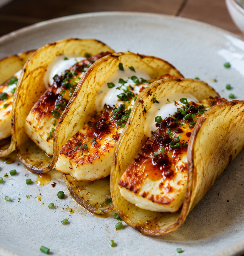 Knusprige Kartoffel-Tacos mit Hot Honey Halloumi