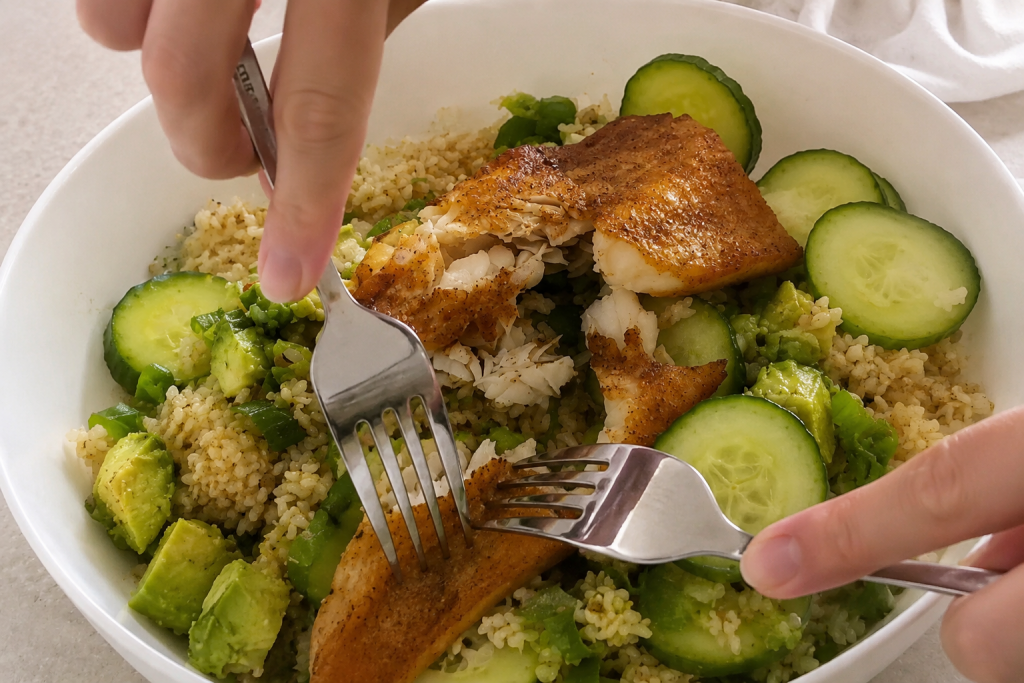 Knuspriger Reissalat mit Airfryer-Lachs