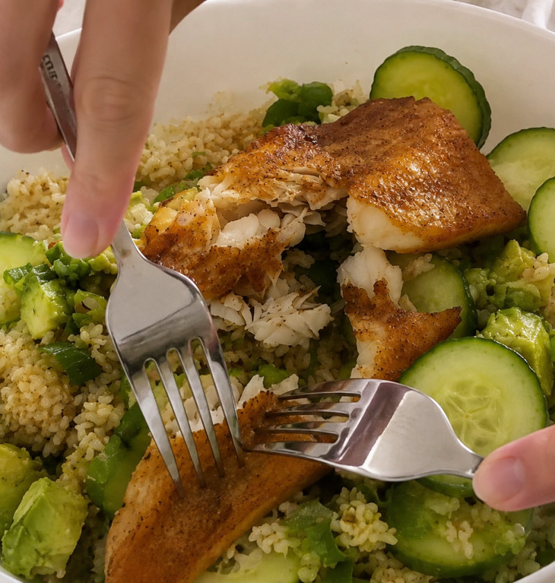Knuspriger Reissalat mit Airfryer-Lachs